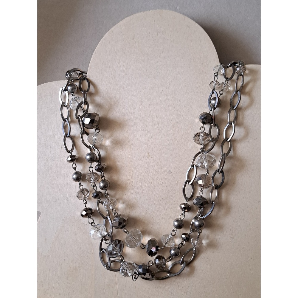 Gunmetal Multi Strand Crystal Bead Statement Necklace Silver Tone Link Chain